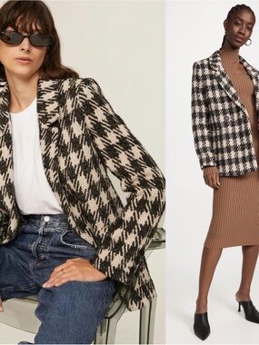 Anine Bing Diana Houndstooth Plaid Black Tan Double Breasted Blazer Size XL